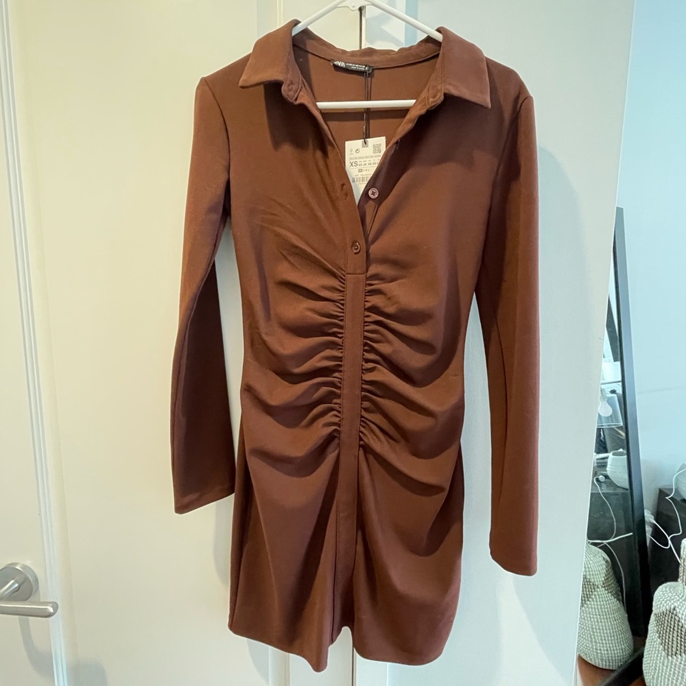 Zara Brown Ruched Dress